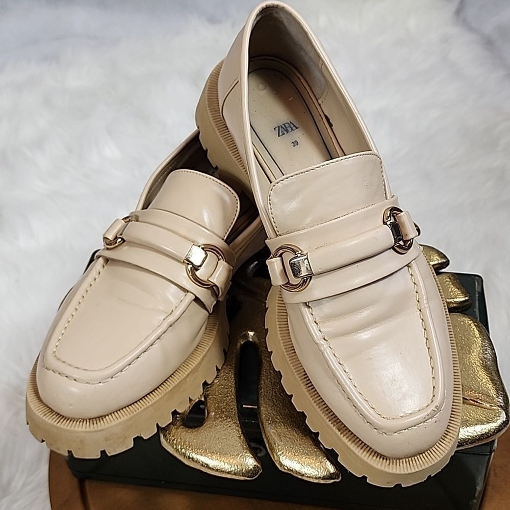 Zara Cream Loafers with Gold Buckle